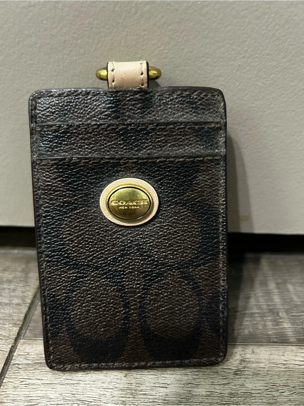 Coach Dark Brown Signature Card Sleeve with Gold Accent